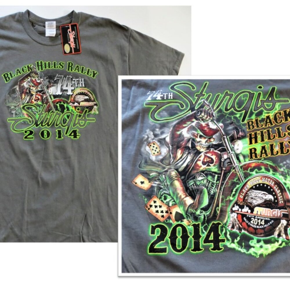 Deadstock Double-sided Sturgis 2014 T Shirt, Black Hills Rally. Skeleton NWT